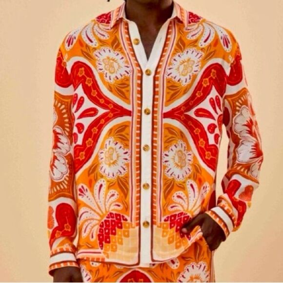 NEW FARM Rio Wonderful Scarf Long Sleeve Shirt Tropical Orange White Size S or M - Picture 1 of 15